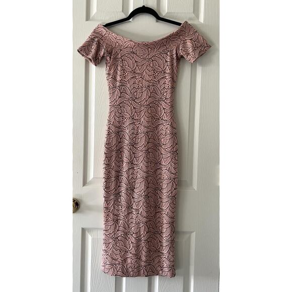 Dress The Population Dresses & Skirts - DRESS THE POPULATION Blush Pink Floral Lace Off Shoulder Midi Sheath Dress